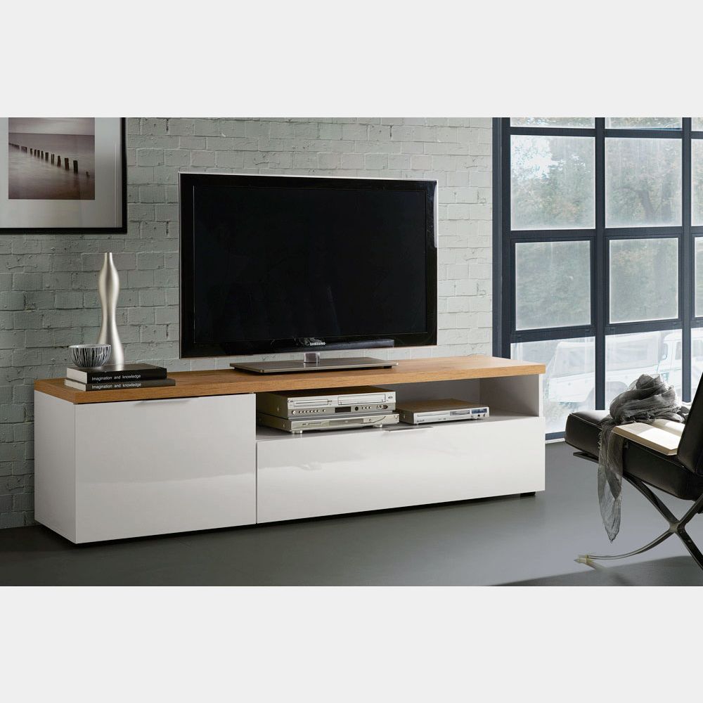 Porta TV moderno L.180 cm finitura Bianco laccato lucido e Castagno