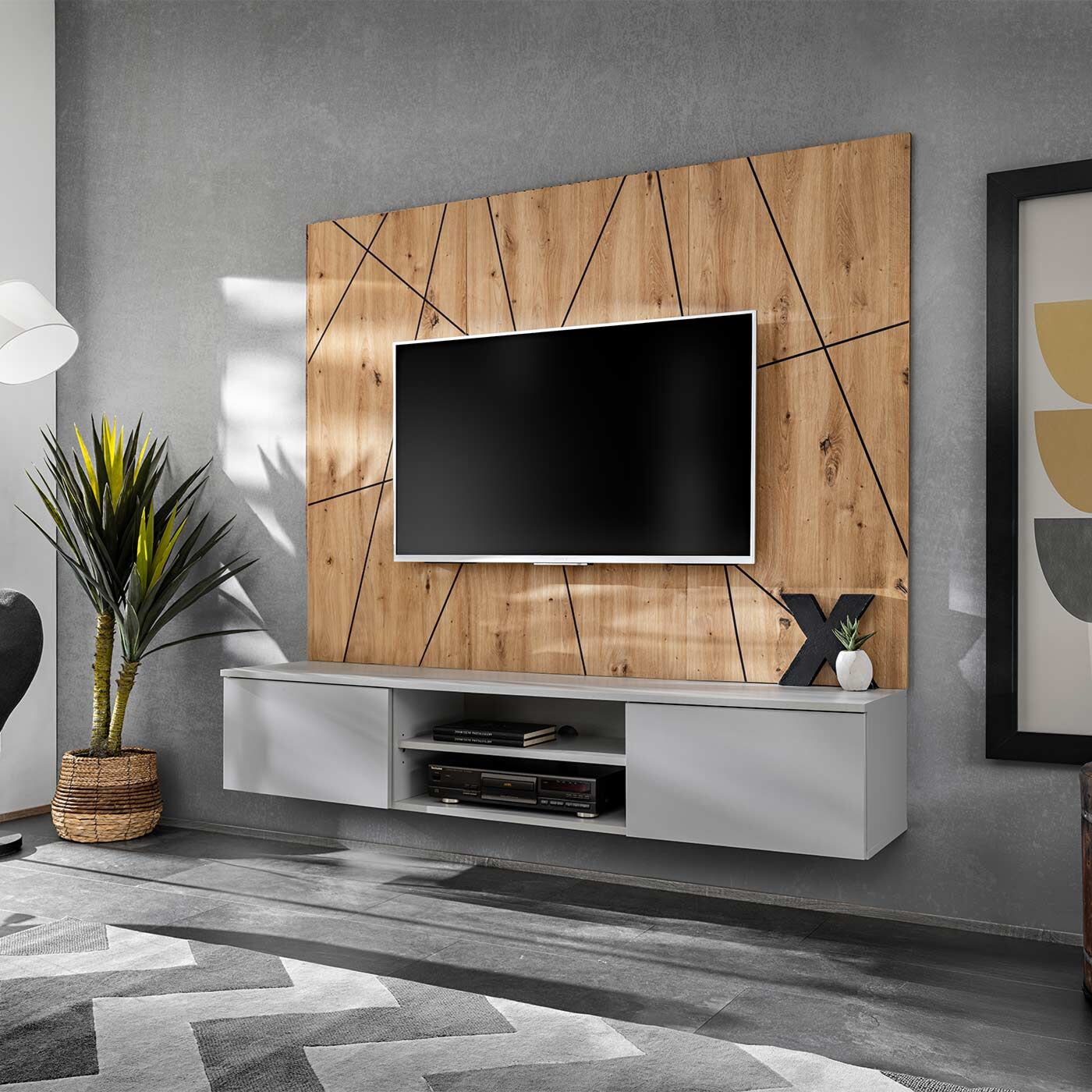 Parete attrezzata sospesa, 160x35x148 h cm, Grigio perla e Artisan