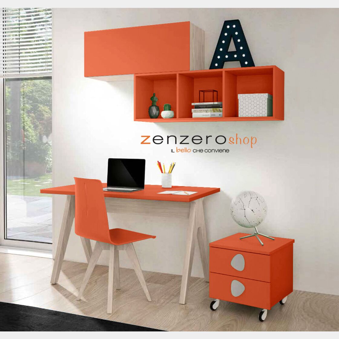 Scrivania per camerette con piana Corallo e gambe Olmo Natura