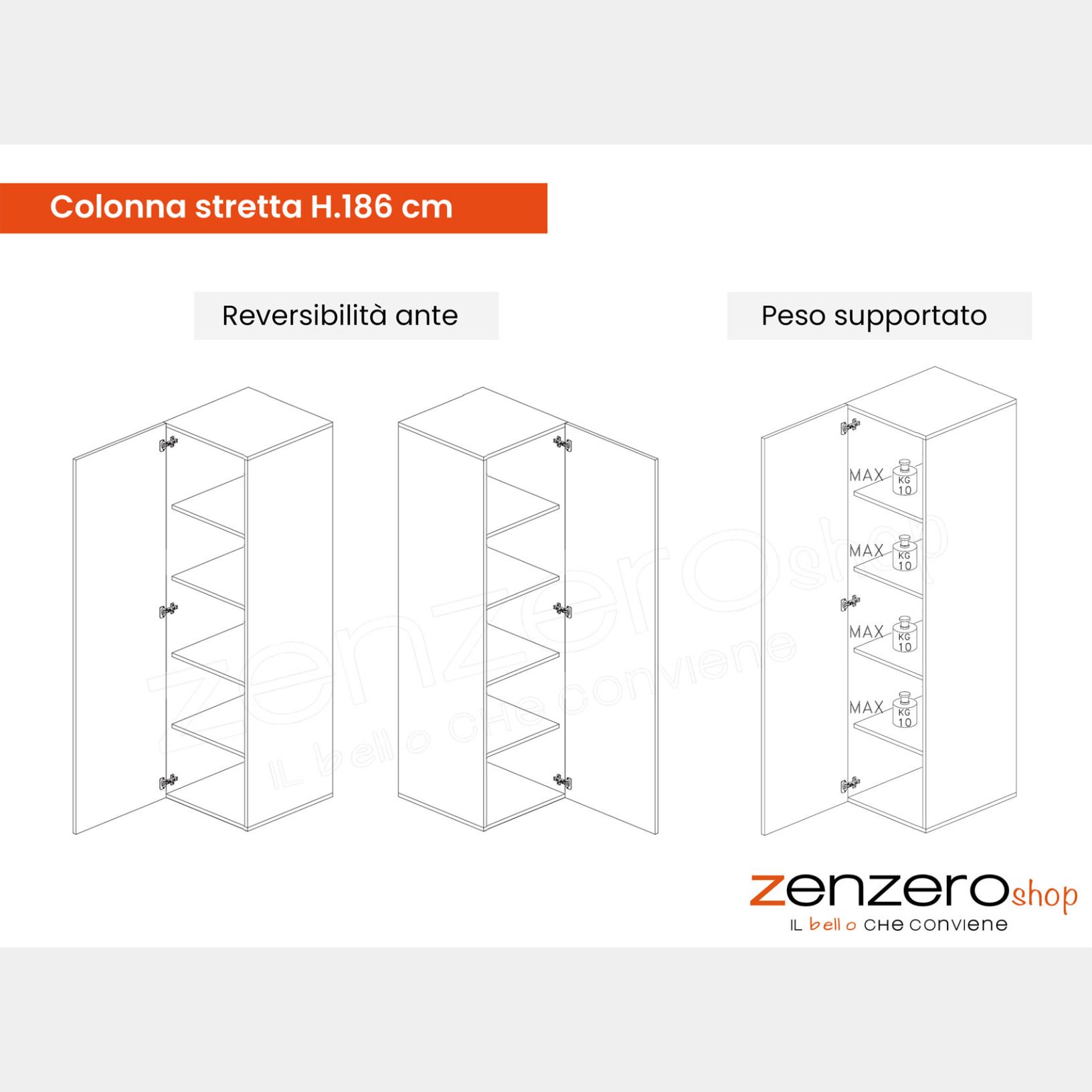 Colonna stretta a terra, disponibile in diverse finiture Made in Italy