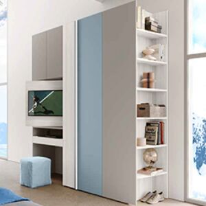 Armadio con scrivania estraibile e vano tv, 5 ante Bianco altea, Carta da zucchero e Grigio seta