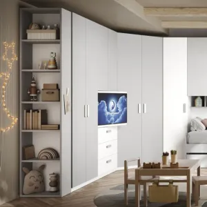 Armadio con cabina, pannello tv e libreria, Gesso e Bianco opaco