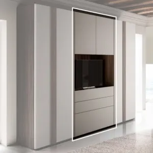 Armadio con vano tv, 2 ante 3 cassetti, Grigio seta e Noce moro
