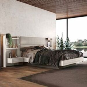 Letto matrimoniale Ester contenitore, finitura Bianco altea e Grigio seta con testata tessuto Grigio