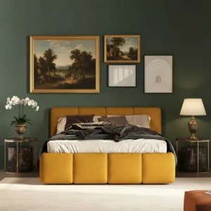 Letto matrimoniale Etra, boucl&egrave; Senape, 160x195