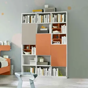 Libreria camerette con 3 ante, Bianco frassino, Tortora e Terracotta