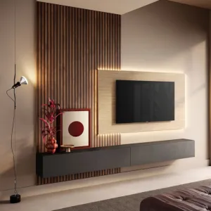 Parete attrezzata con pannello tv, Travertino nobilitato, Mercure cannettato e Lava