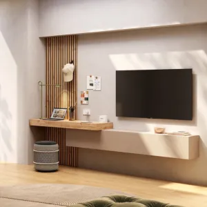 Parete attrezzata sospesa con boiserie, Cashmere e Cadiz cannettato