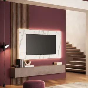 Parete attrezzata con boiserie, pannello tv e ribalte, Bronzo, effetto Marmo bianco, Mercure cannettato