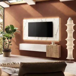 Parete attrezzata con pannello tv Marmo bianco, Cadiz cannettato e Bianco lucido