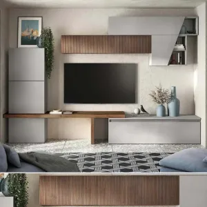 Aggiungi al carrello Parete attrezzata 305x40x210 h cm, Gesso e Mercure cannettato, collezione Logica