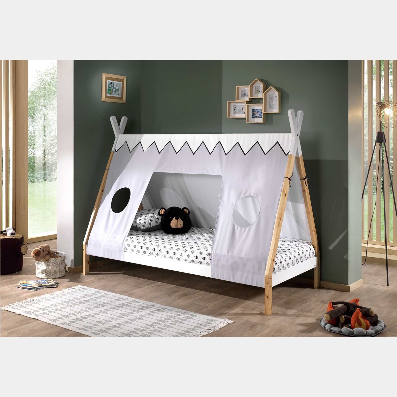 Letto singolo montessoriano per camerette, design tenda indiana