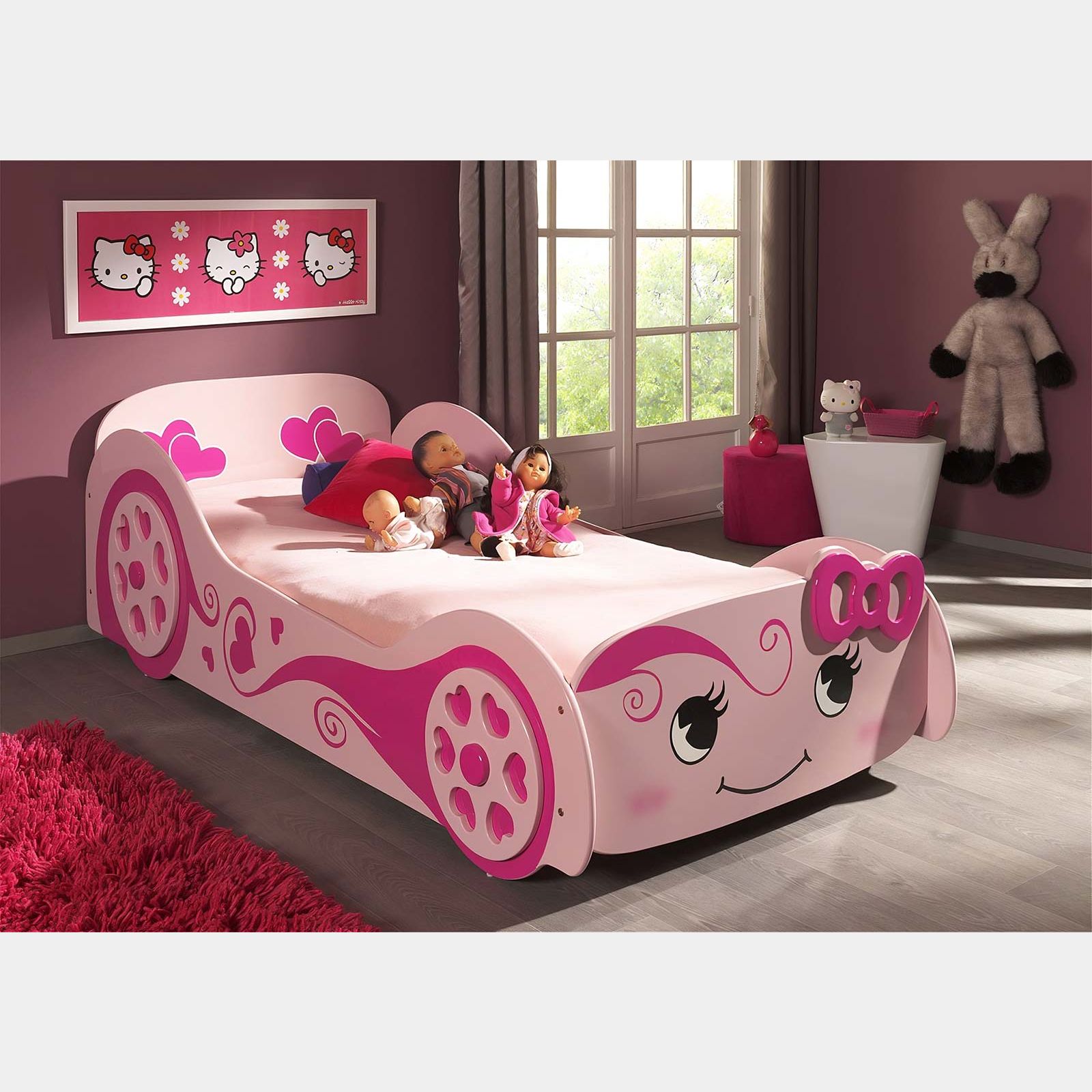 Letto per bambine design macchina, finitura Rosa laccato