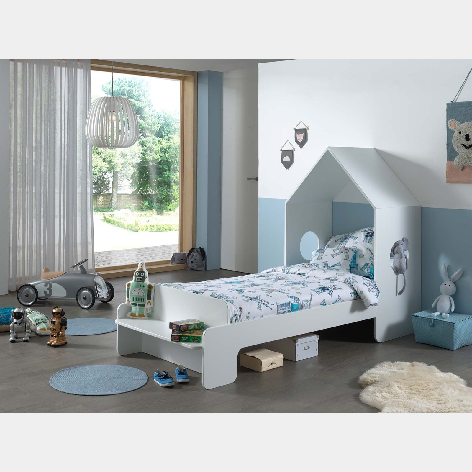 Letto singolo design casetta per bambini, bianco laccato