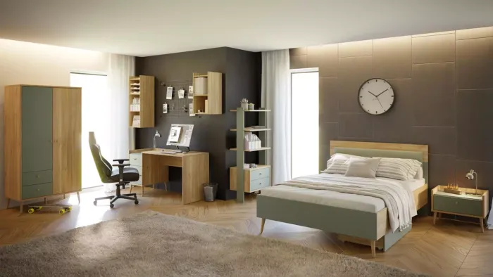 Cameretta Bambini Stile Scandinavo Mon Mobilier - Letto 120x60cm, Armadio, Libreria E Fasciatoio