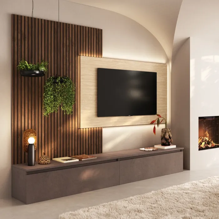 Mobile TV 160 Cm - 2 Ante Vetro E 3 Nicchie - Pannelli Di Particelle Colore Naturale E Bianco