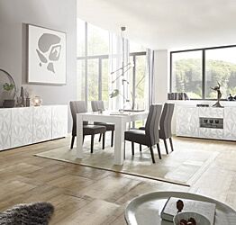 Sala moderna completa di tavolo, madia 2 ante e madia 2 ante 4 cassetti, finitura bianca serigrafata