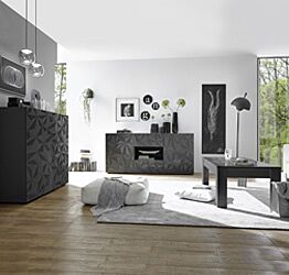 Sala moderna completa di tavolino, madia 2 ante e madia 2 ante 2 cassetti, finitura grigia serigrafata