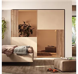 Armadio 2 ante scorrevoli specchi bronzo, Cashmere e cannettato Noce caramello