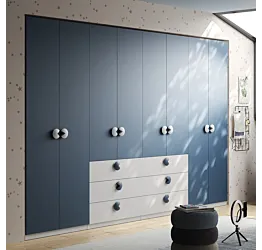 Armadio 8 ante con cassetti, Bianco opaco e Blu navy, L.369
