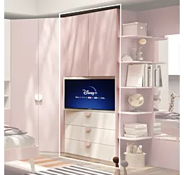 Armadio con pannello tv girevole e cassetti, Bianco opaco e Flamingo