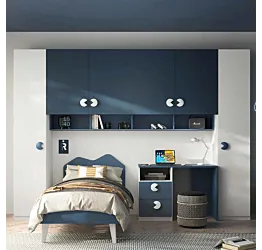 Armadio a ponte per camerette, Bianco opaco e Blu navy, L.333
