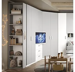 Armadio con cabina, pannello tv e libreria, Gesso e Bianco opaco