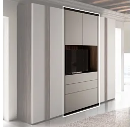 Armadio con vano tv, 2 ante 3 cassetti, Grigio seta e Noce moro