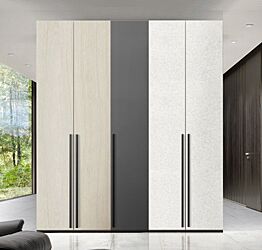 Armadio moderno L.226 a 5 ante battenti H.257, finiture Noce brina, Cemento Artico e Grigio Titanio