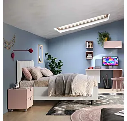 Cameretta ragazza con armadio, letto contenitore e comodino, Bianco opaco e Flamingo