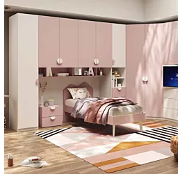 Armadio a ponte con angolo e pannello tv, Bianco opaco e Flamingo, L.410 x 281