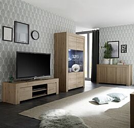 Soggiorno moderno, completo di Porta TV, Vetrina e Madia 3 ante, Rovere Cadiz