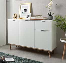 Madia in stile nordico in finitura Bianco e Quercia, 3 ante e 1 cassetto
