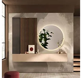 Ingresso con specchio retroilluminato, pensili e boiserie, Mercure cannettato, Cashmere e Lava