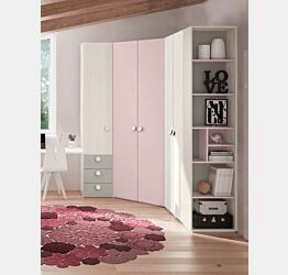 Armadio ad angolo rosa confetto con cassetti e ante battenti