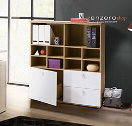Libreria Industry per ufficio con 2 cassetti e un'anta in finitura Rovere e Bianco laccato