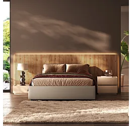 Letto matrimoniale con testiera cannettata Cadiz, giroletto velluto Beige