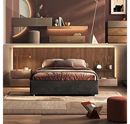 Letto matrimoniale con testiera cannettata Mercure, giroletto velluto Fumo