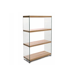 Libreria 4 ripiani stile urban con fianchi in vetro, finitura Rovere