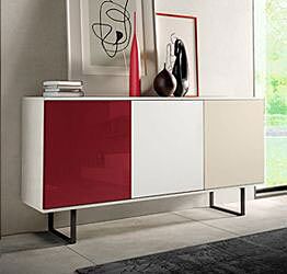 Madia  moderna Orbitar con 3 ante in finitura Bianco calce, Vetro rosso, Terra opaco e Bianco opaco