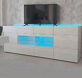 Credenza Madia onda a 2 ante 4 cassetti, finitura bianco lucido, design moderno