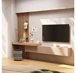 Parete attrezzata sospesa con boiserie, Cashmere e Cadiz cannettato