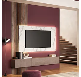 Parete attrezzata con boiserie, pannello tv e ribalte, Bronzo, effetto Marmo bianco, Mercure cannettato