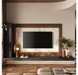 Parete attrezzata con pannello tv Marmo bianco, Lava e Mercure cannettato