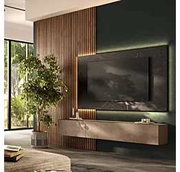 Parete attrezzata con pannello tv e boiserie, Marmo nero, Mercure cannettato e Bronzo