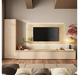Parete attrezzata moderna con pannello tv, L.330 H.186, Cashmere e Travertino