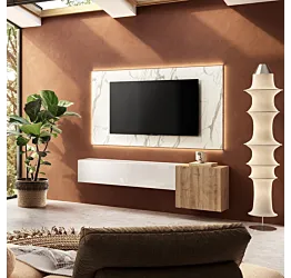 Parete attrezzata con pannello tv Marmo bianco, Cadiz cannettato e Bianco lucido