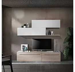 Parete attrezzata Cemento e Bianco frassino, con base e pensili Zenzero Shop