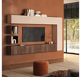 Parete attrezzata moderna sospesa, L.236 H.180, Mercure cannettato e Cashmere