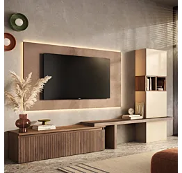 Parete attrezzata con pannello per tv, L.300 H.170 Mercure cannettato, Bronzo e Cashmere